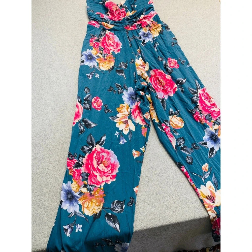 Heart Of Gypsy Jumpsuit Womens Large Teal Blue Floral Strapless Wide‎ Leg Boho